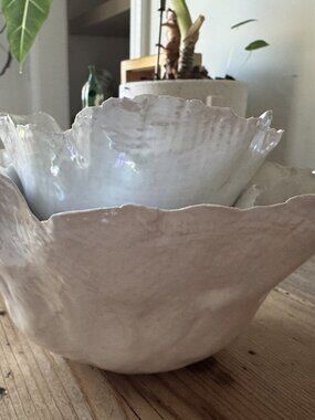 Handmade Pearl Iridescent Ceramic Ruffle Bowls Set of 3 Nesting White